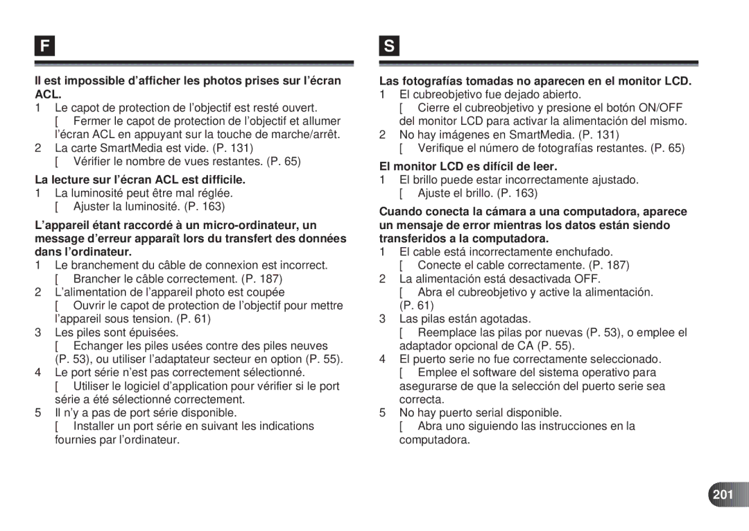 Olympus D-450 manual La lecture sur l’écran ACL est difficile, Le branchement du câble de connexion est incorrect, 201 