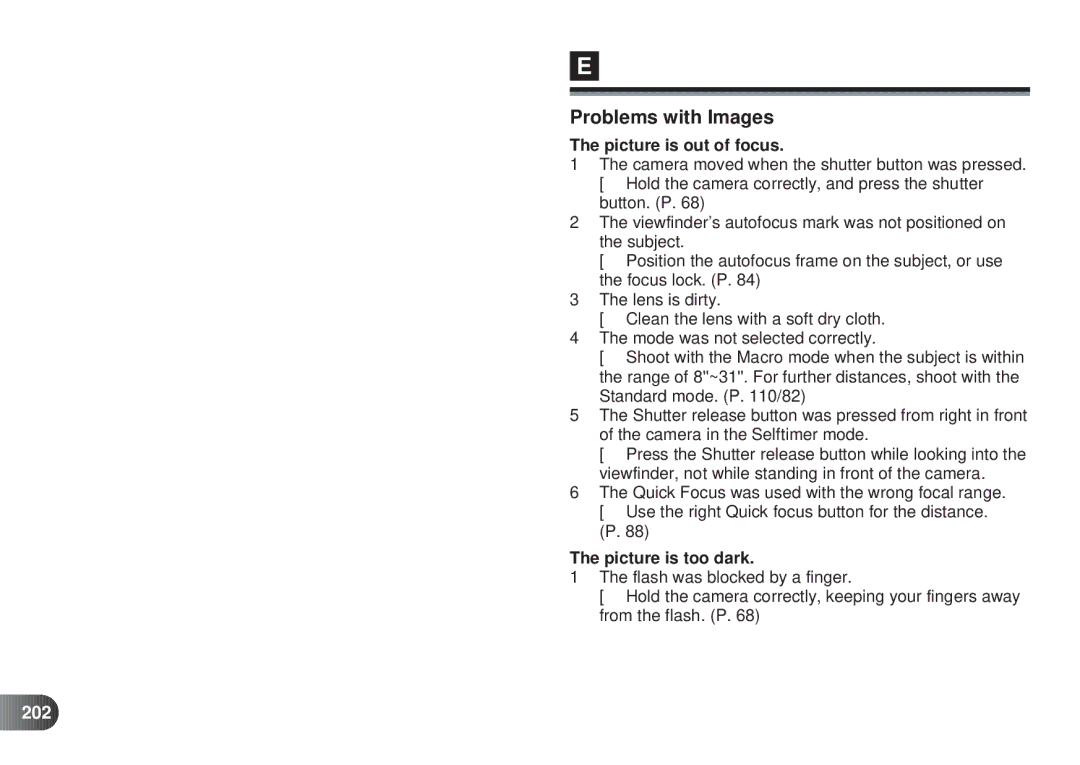 Olympus D-450 manual Picture is out of focus, Picture is too dark, 202 