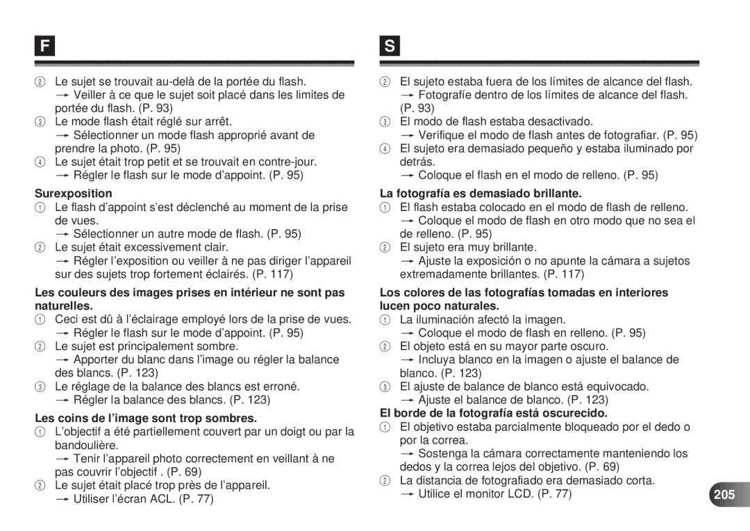 Olympus D-450 manual Surexposition, Les coins de l’image sont trop sombres, La fotografía es demasiado brillante 