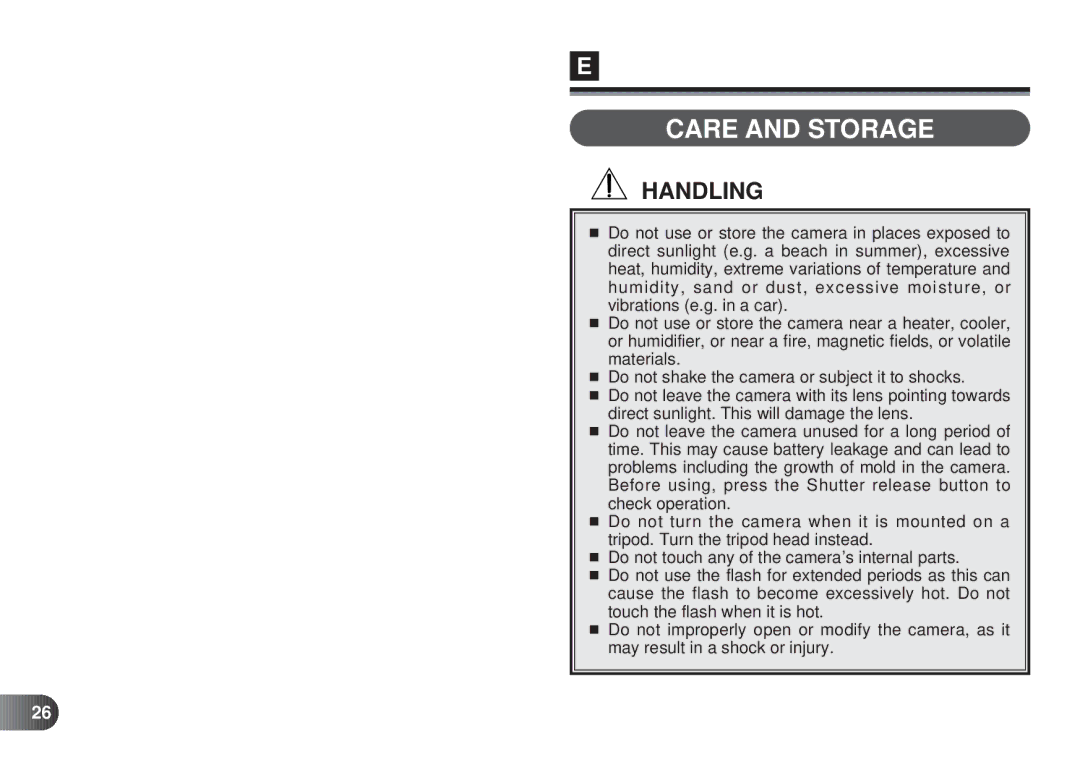 Olympus D-450 manual Care and Storage, Handling 