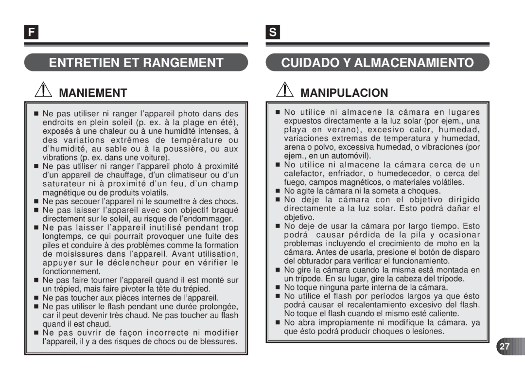 Olympus D-450 Entretien ET Rangement, Cuidado Y Almacenamiento, Ne pas secouer l’appareil ni le soumettre à des chocs 