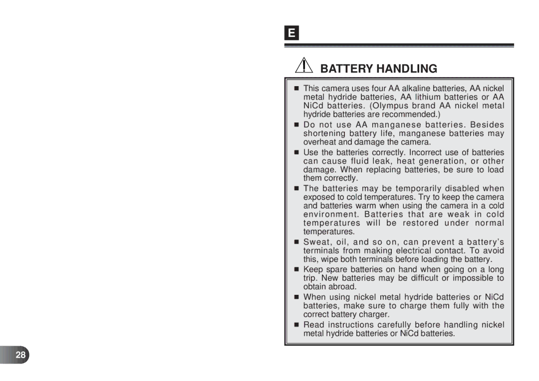 Olympus D-450 manual Battery Handling 