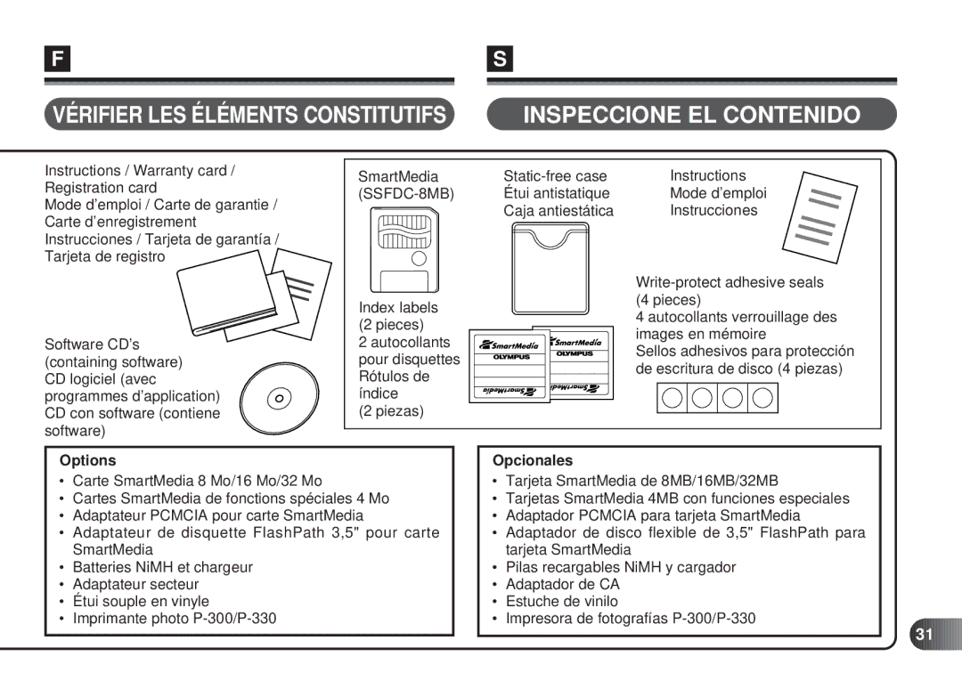 Olympus D-450 manual Inspeccione EL Contenido, Piezas Static-free case Instructions Étui antistatique, Opcionales 