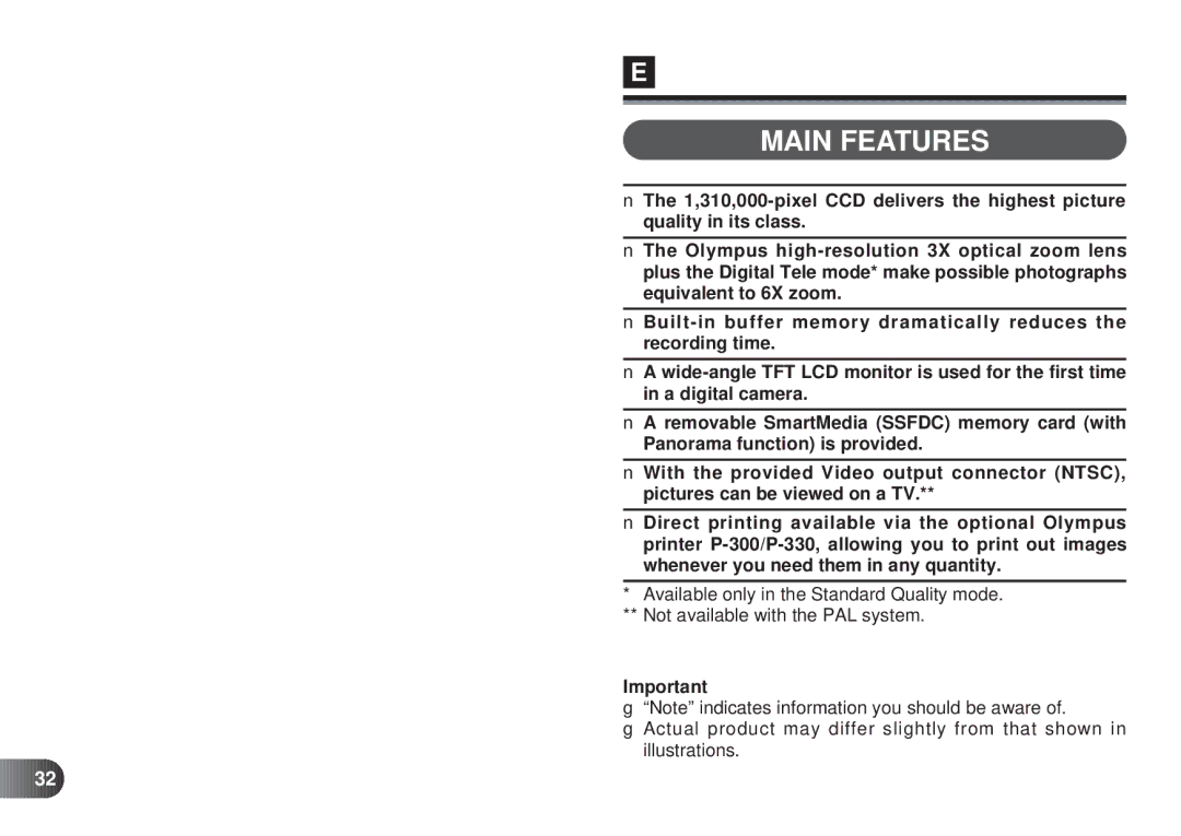 Olympus D-450 manual Main Features 