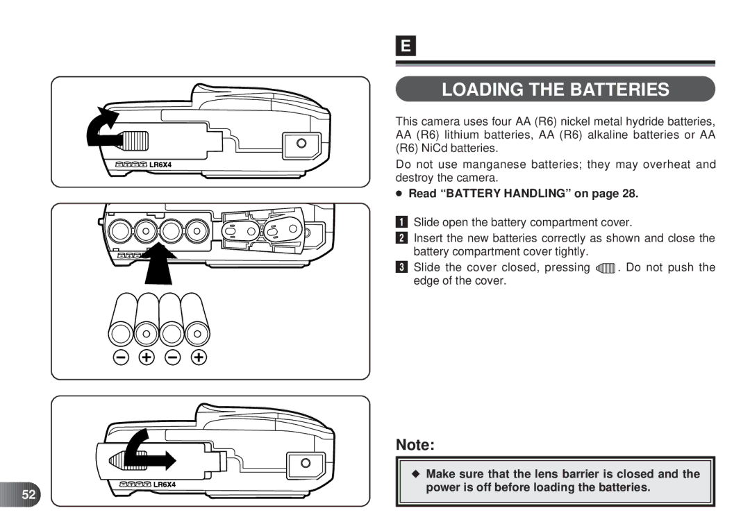 Olympus D-450 manual Loading the Batteries, Read Battery Handling on 