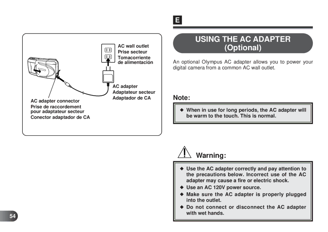 Olympus D-450 manual Using the AC Adapter, Optional 