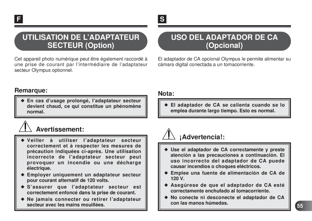 Olympus D-450 manual Utilisation DE L’ADAPTATEUR, USO DEL Adaptador DE CA 