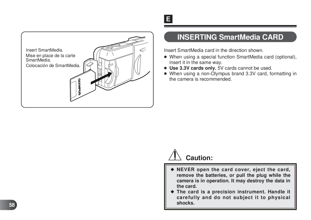 Olympus D-450 manual Inserting SmartMedia Card 