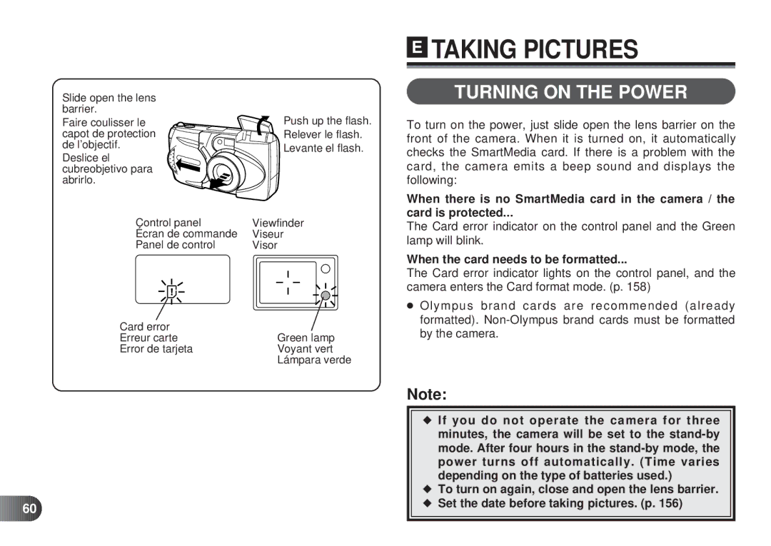 Olympus D-450 manual Turning on the Power, When the card needs to be formatted 