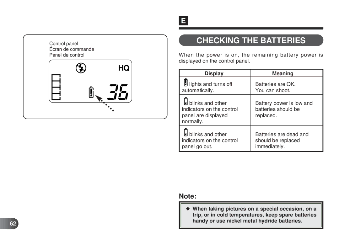 Olympus D-450 manual Checking the Batteries, Display Meaning 