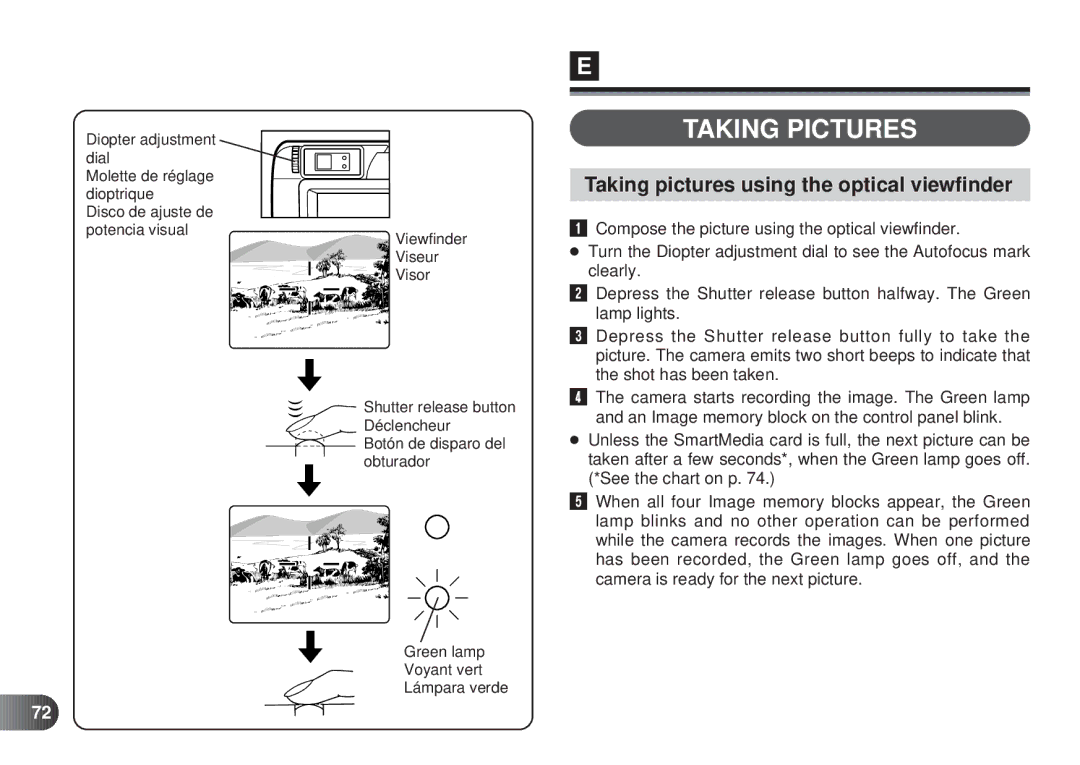 Olympus D-450 manual Taking Pictures, Taking pictures using the optical viewfinder 