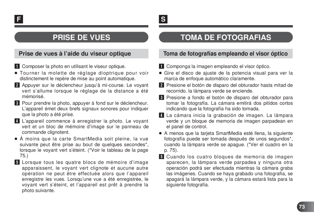 Olympus D-450 manual Prise DE Vues Toma DE Fotografias, Prise de vues à l’aide du viseur optique 