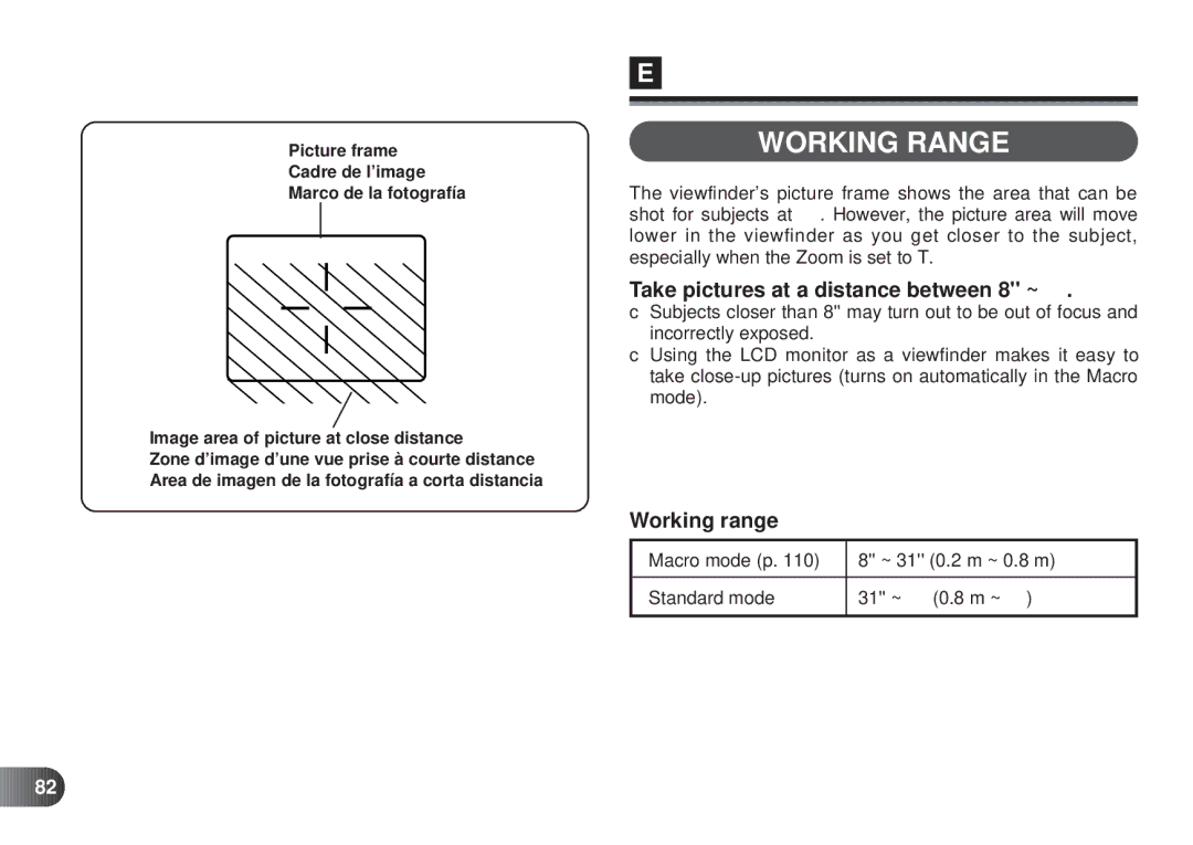 Olympus D-450 manual Working Range, Macro mode p ~ 31 0.2 m ~ 0.8 m Standard mode 31∞~ 0.8 m ~ ∞ 