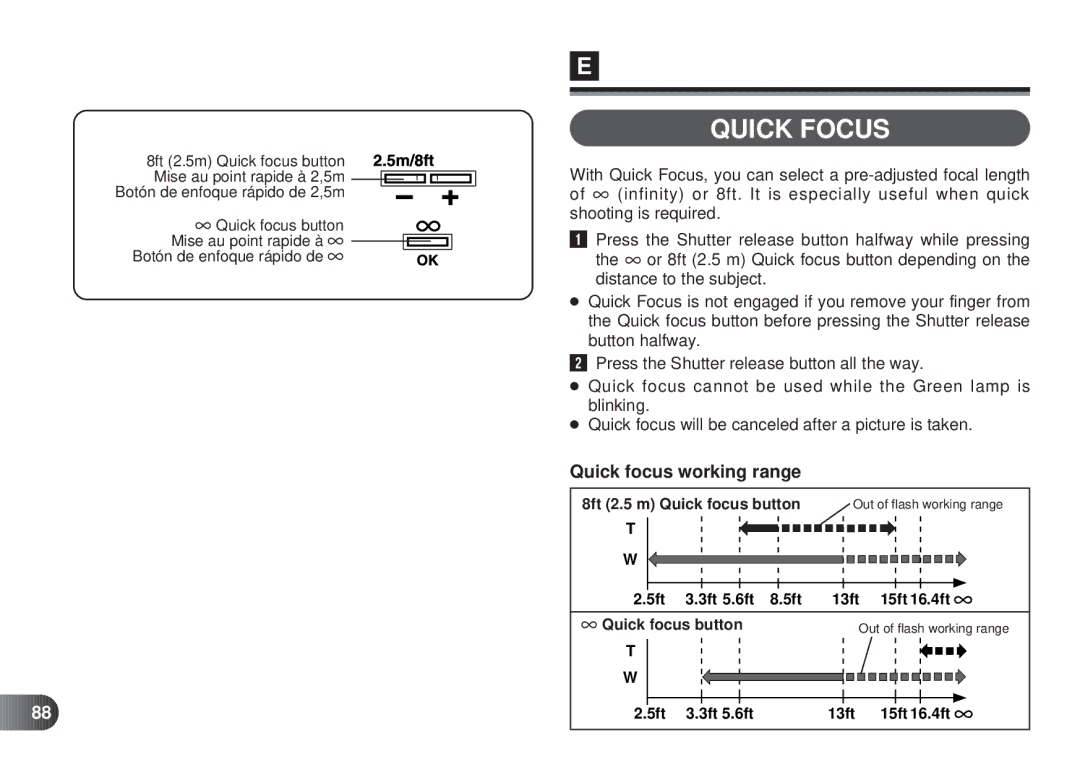 Olympus D-450 manual Quick Focus, Quick focus working range 