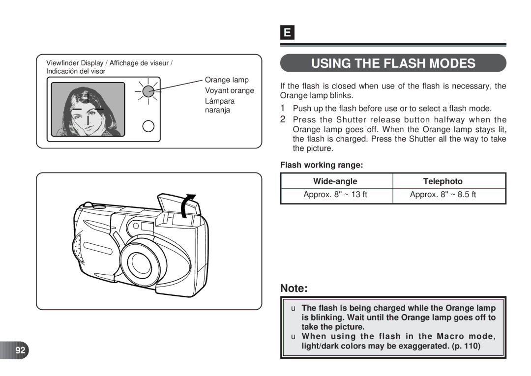 Olympus D-450 manual Using the Flash Modes, Flash working range Wide-angle Telephoto, Approx ~ 13 ft Approx ~ 8.5 ft 