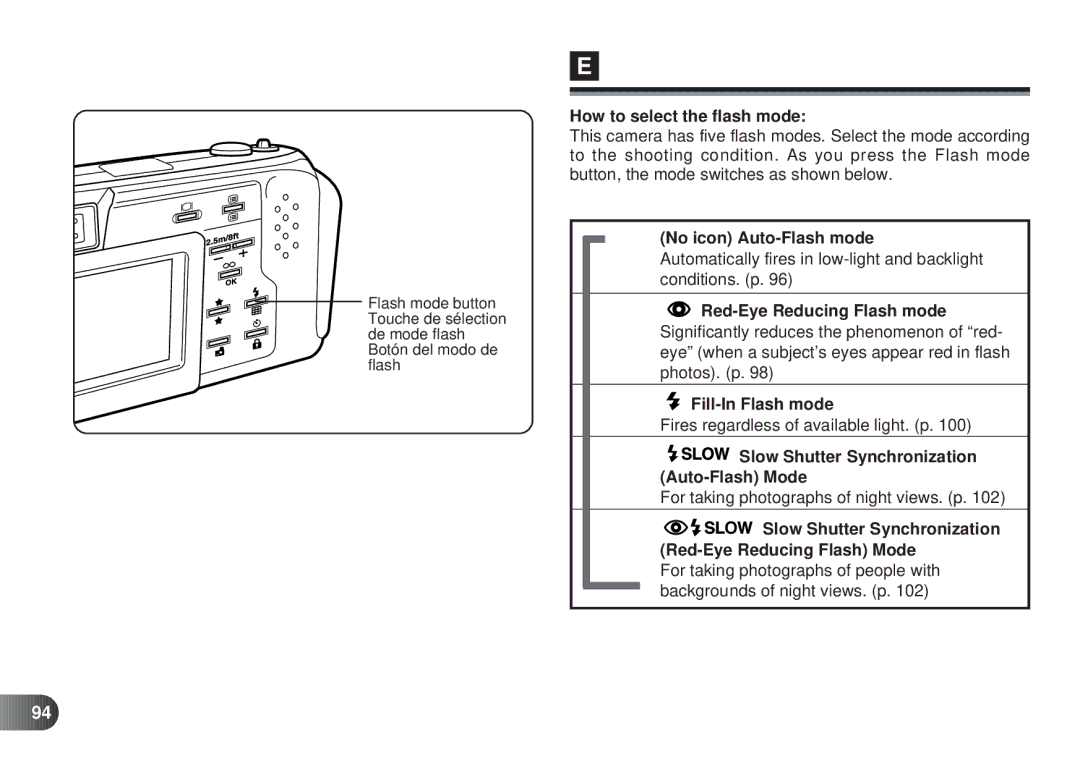 Olympus D-450 manual How to select the flash mode, No icon Auto-Flash mode, Red-Eye Reducing Flash mode, Photos. p 