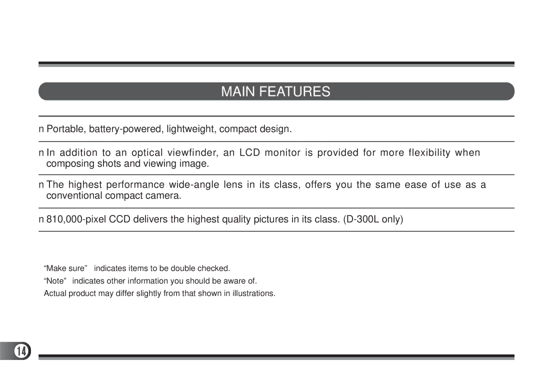 Olympus D200-L, D-300L manual Main Features 