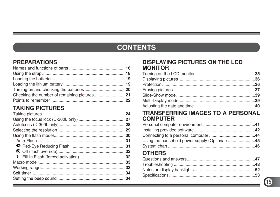 Olympus D-300L, D200-L manual Contents 