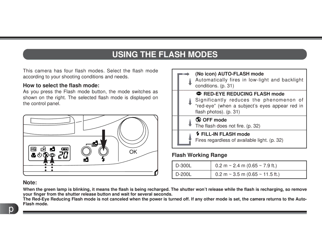 Olympus D200-L, D-300L manual Using the Flash Modes, How to select the flash mode, Flash Working Range 