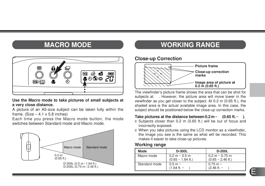 Olympus D-300L manual Macro Mode Working Range, Working range, Take pictures at the distance between 0.2 m ~ ∞ 0.65 ft.~ ∞ 