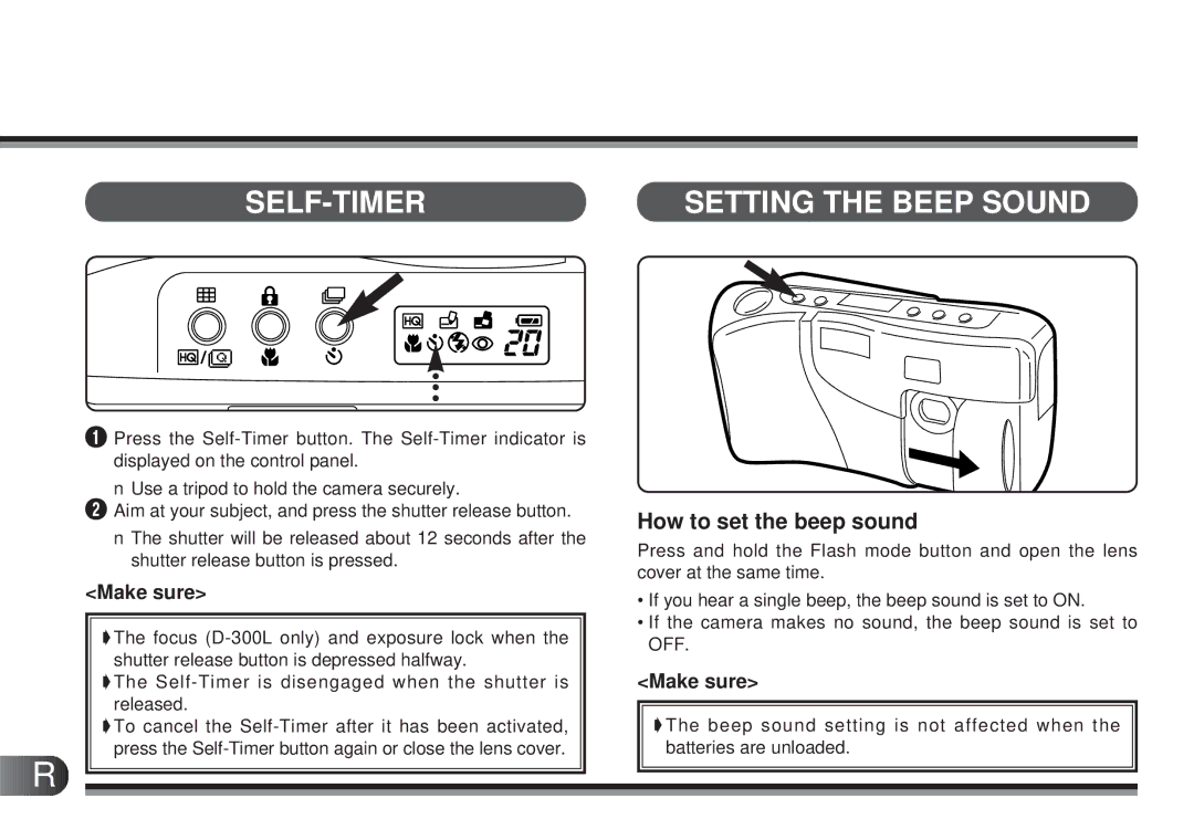 Olympus D200-L, D-300L manual SELF-TIMER Setting the Beep Sound, How to set the beep sound 