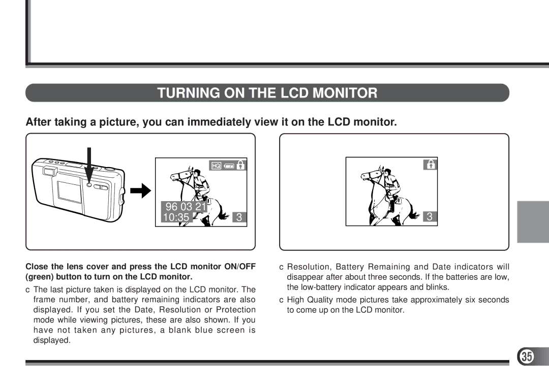 Olympus D-300L, D200-L manual Displaying Pictures on the LCD Monitor, Turning on the LCD Monitor 