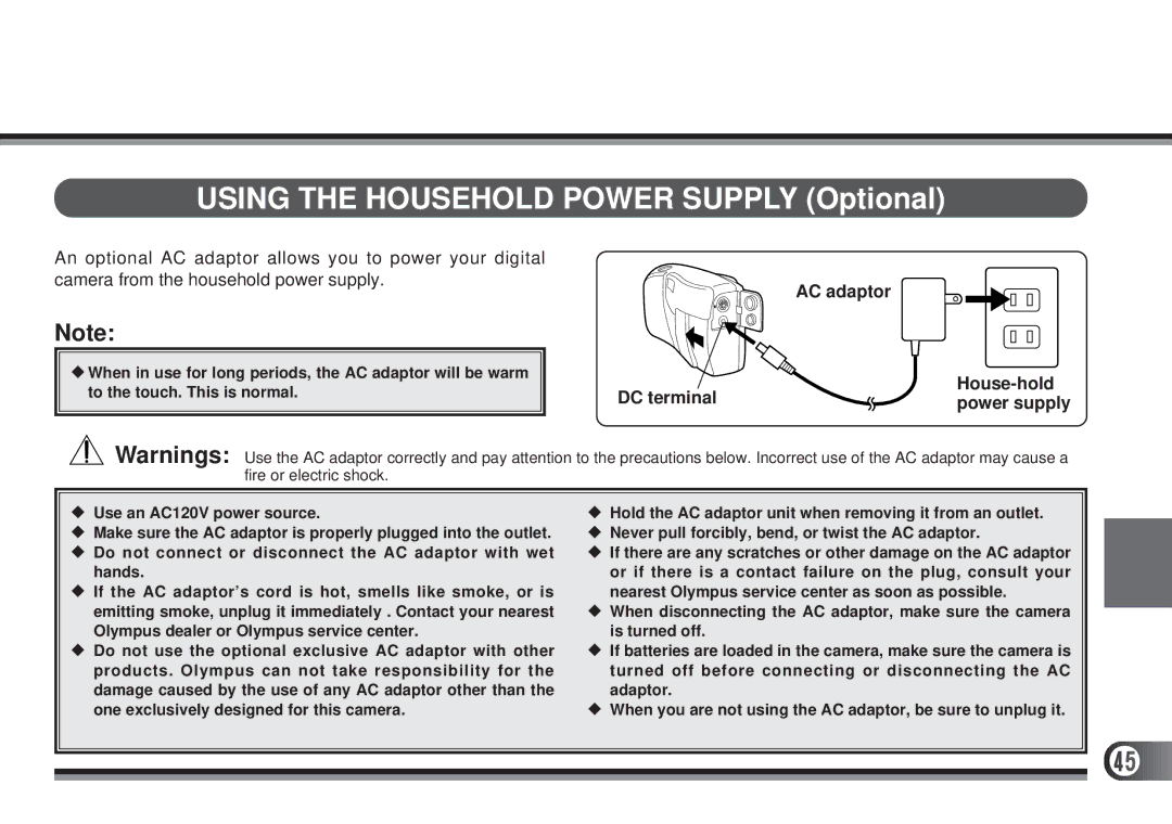 Olympus D-300L, D200-L manual Using the Household Power Supply Optional, AC adaptor DC terminal House-hold Power supply 