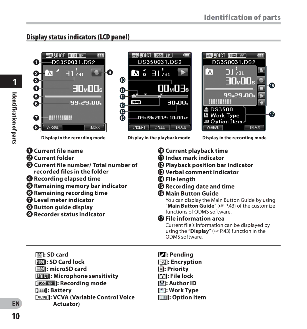 Olympus digital voice recorder manual Identification of parts, Display status indicators LCD panel, File information area 