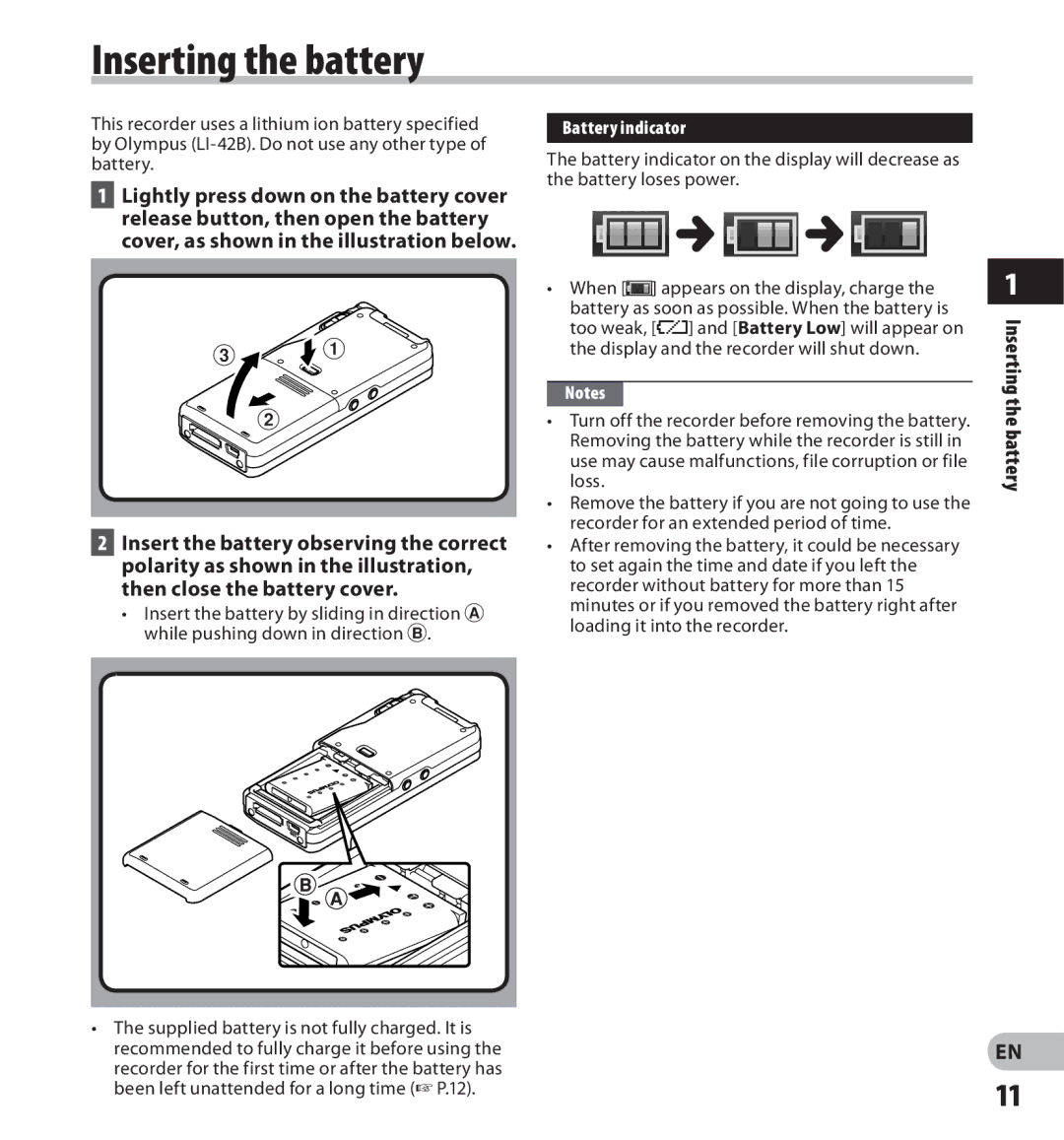 Olympus digital voice recorder manual Inserting the battery, Battery indicator 