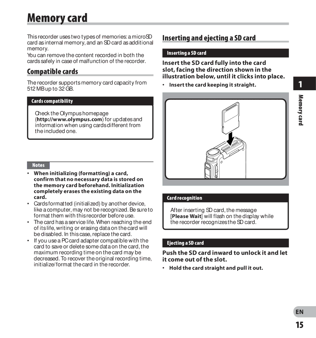 Olympus digital voice recorder manual Memory card, Compatible cards, Inserting and ejecting a SD card 