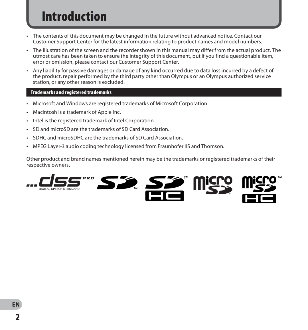 Olympus digital voice recorder manual Introduction, Trademarks and registered trademarks 