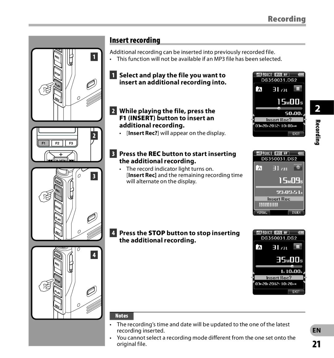 Olympus digital voice recorder manual Insert recording, Original file 