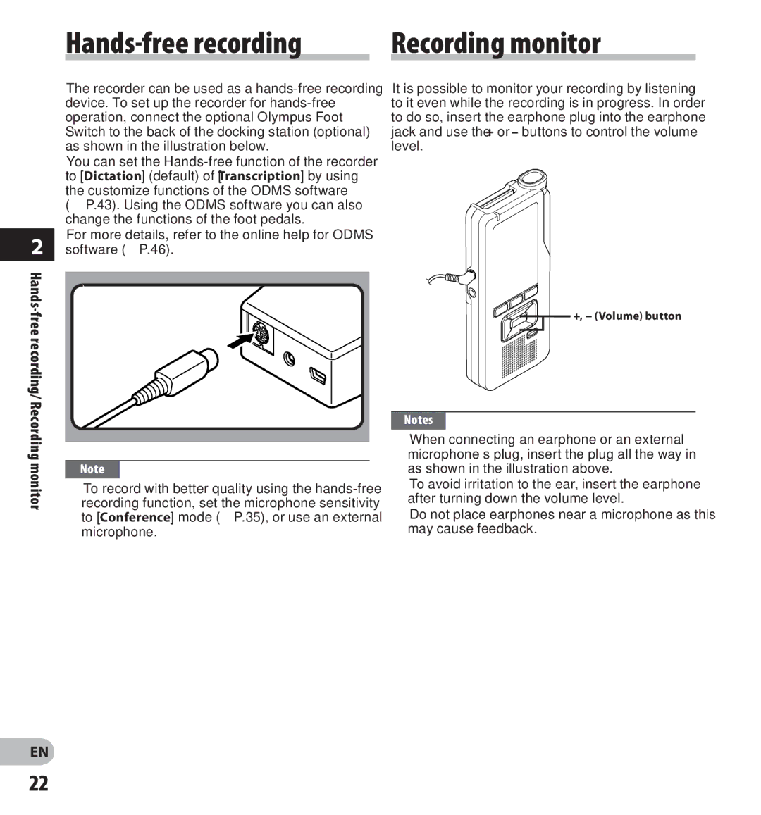 Olympus digital voice recorder manual Recording monitor, To record with better quality using the hands-free, Microphone 