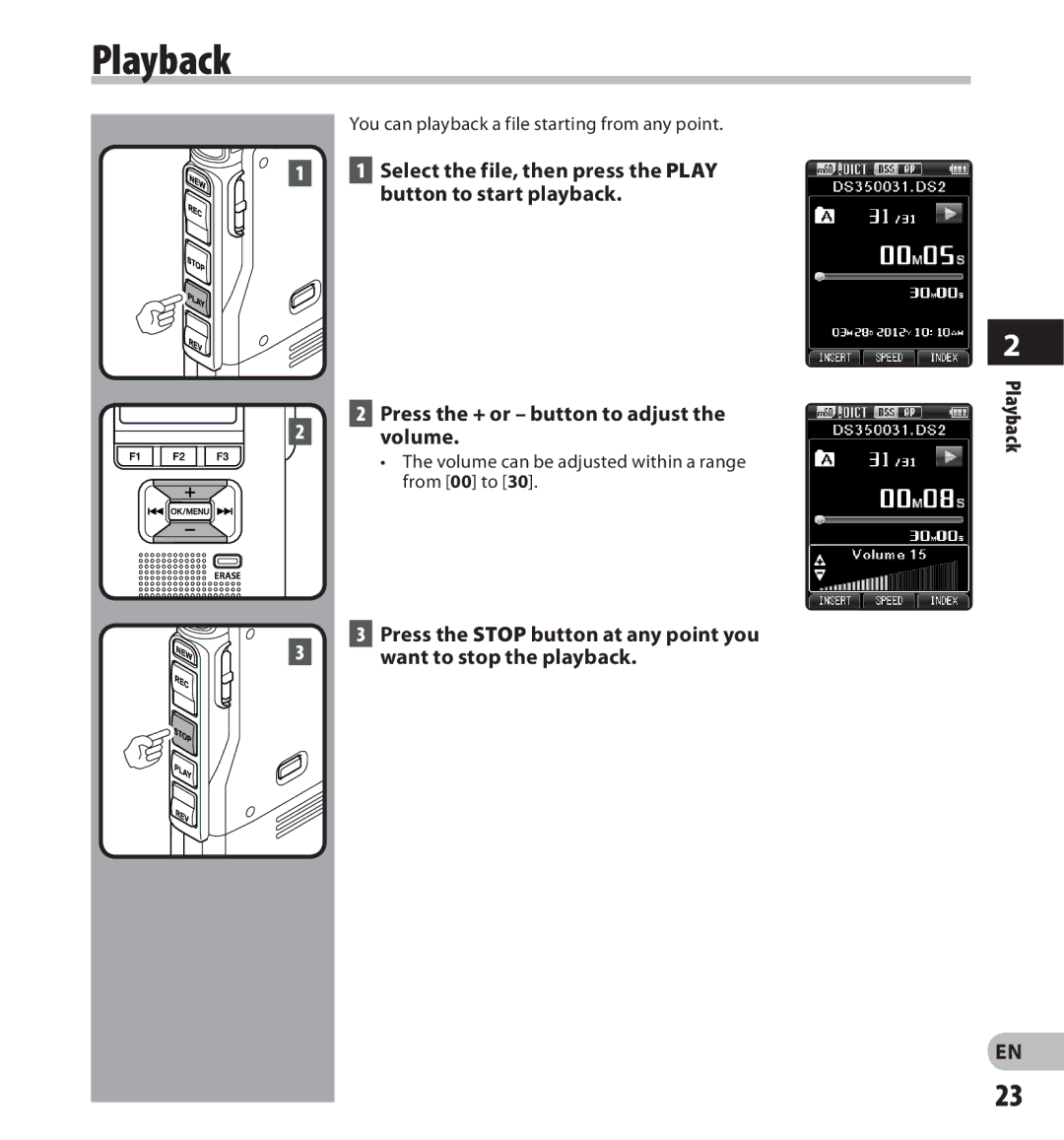 Olympus digital voice recorder manual Playback, Press the Stop button at any point you 