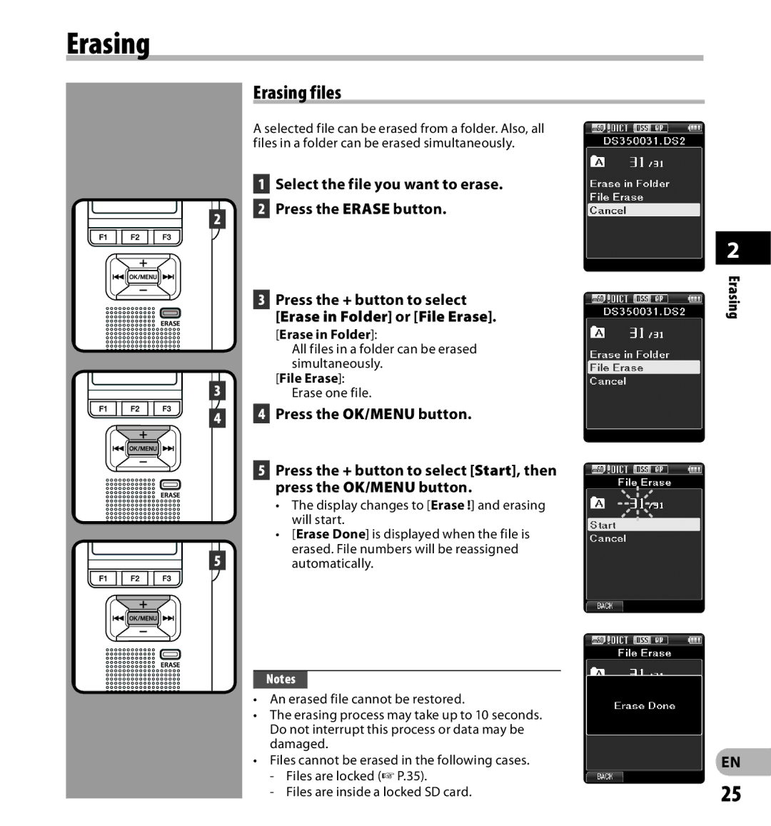 Olympus digital voice recorder manual Erasing files, Erasing Erase in Folder, File Erase 