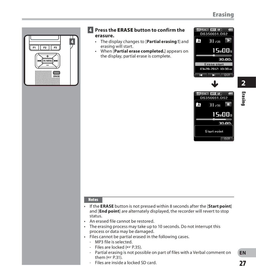 Olympus digital voice recorder manual Press the Erase button to confirm the erasure 