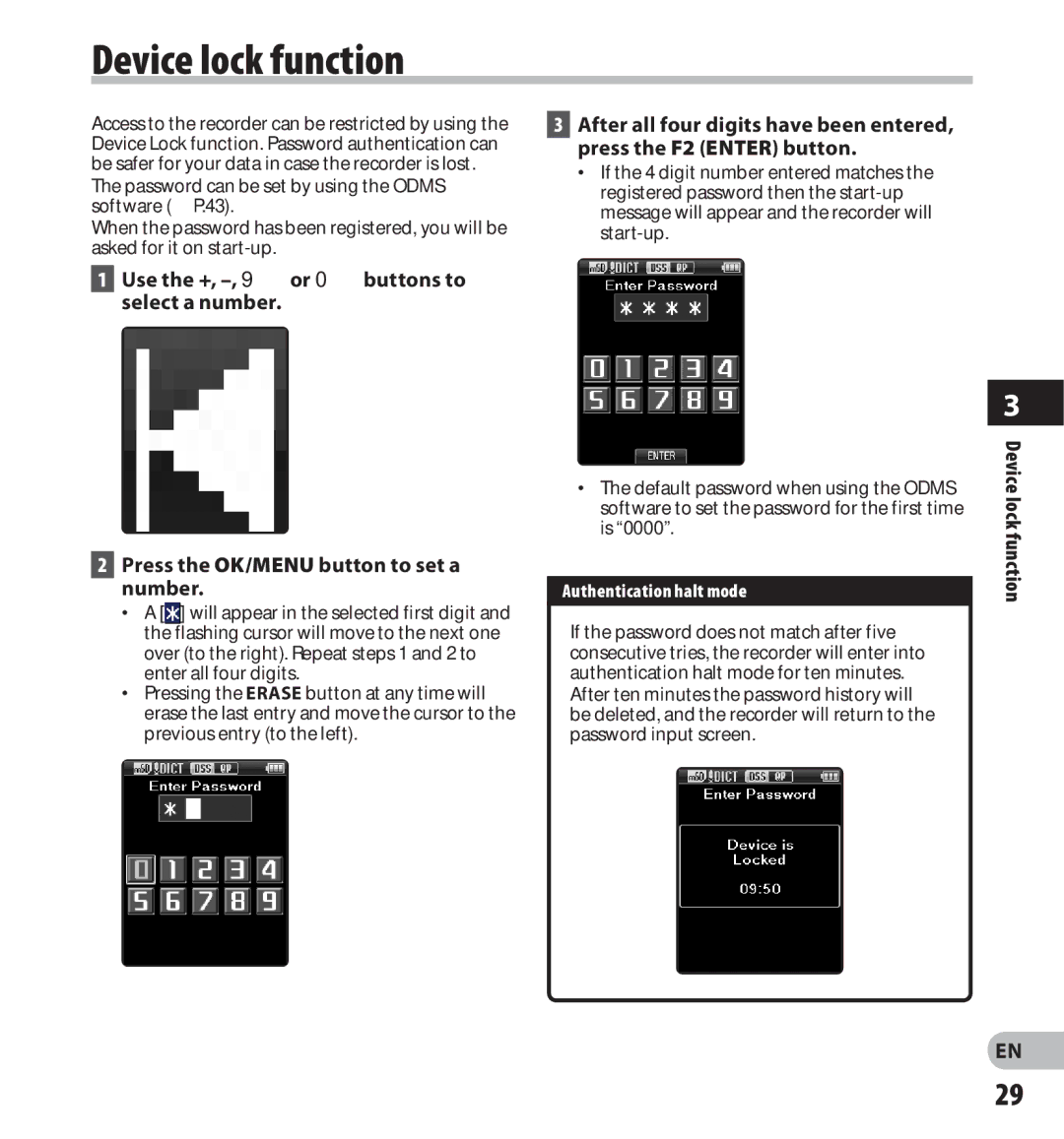 Olympus digital voice recorder manual Device lock function, Use the +, -, 9or 0buttons to select a number, Function 