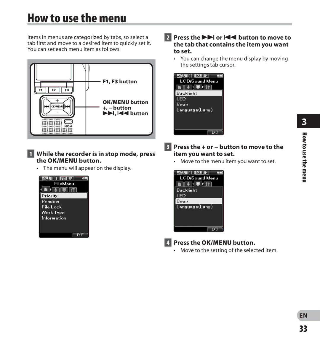 Olympus digital voice recorder manual How to use the menu, Item you want to set, OK/MENU button 