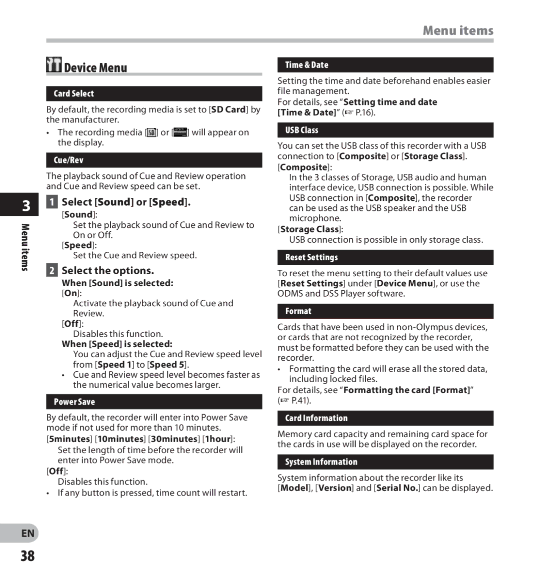 Olympus digital voice recorder manual Device Menu, Select Sound or Speed 