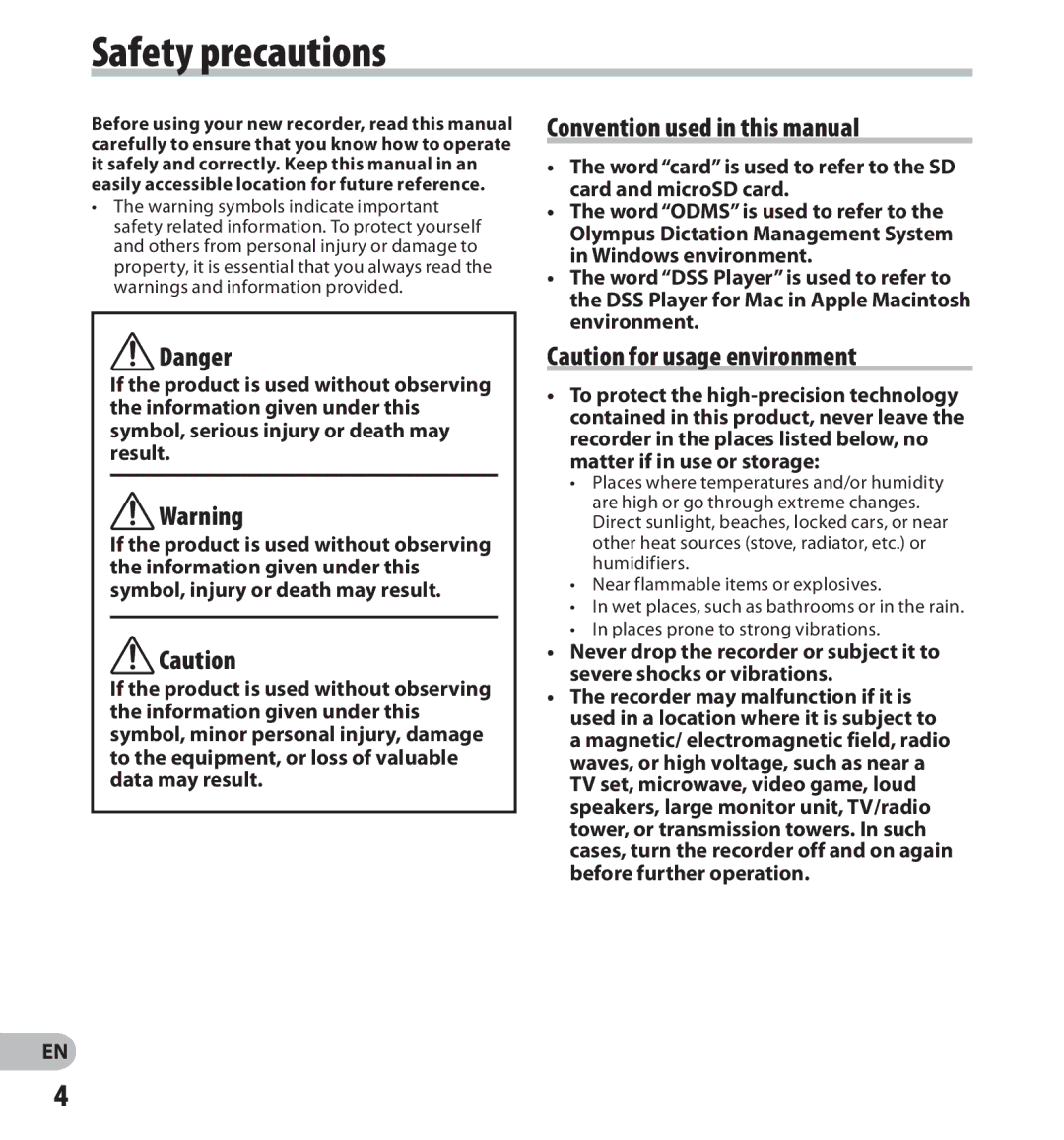 Olympus digital voice recorder Safety precautions, Convention used in this manual 