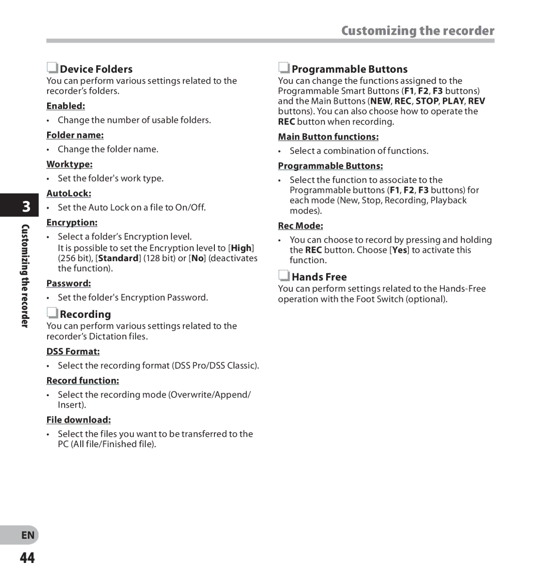 Olympus digital voice recorder manual Customizing the recorder, Device Folders, Programmable Buttons, Hands Free 