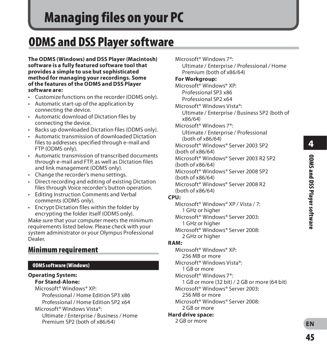 Olympus digital voice recorder manual Odms and DSS Player software, Minimum requirement, Odms software Windows 