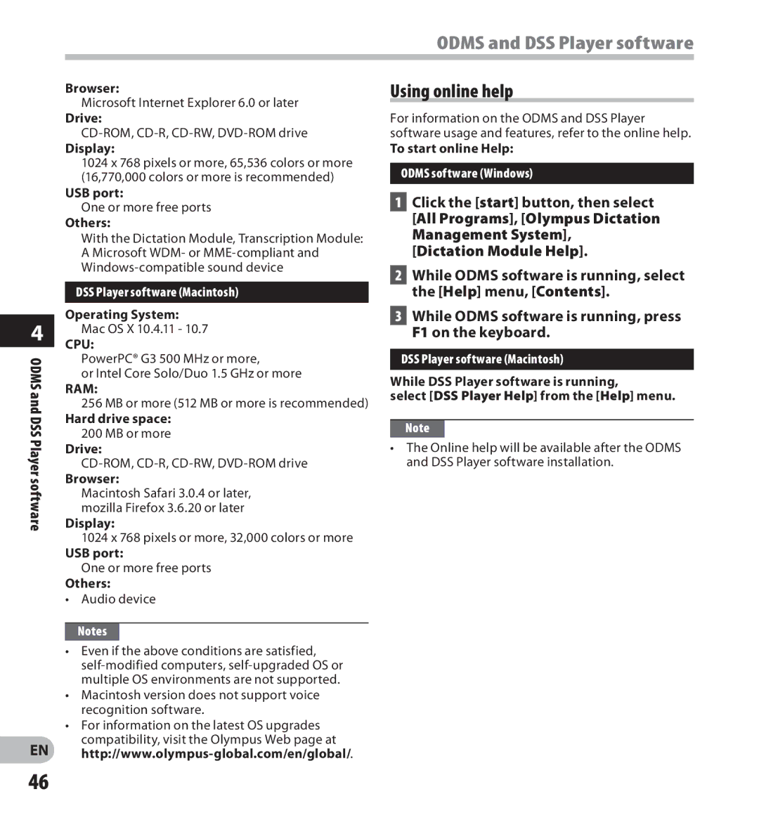 Olympus digital voice recorder manual Odms and DSS Player software, Using online help, DSS Player software Macintosh 