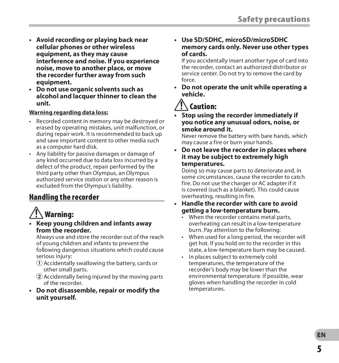 Olympus digital voice recorder manual Safety precautions, Handling the recorder 