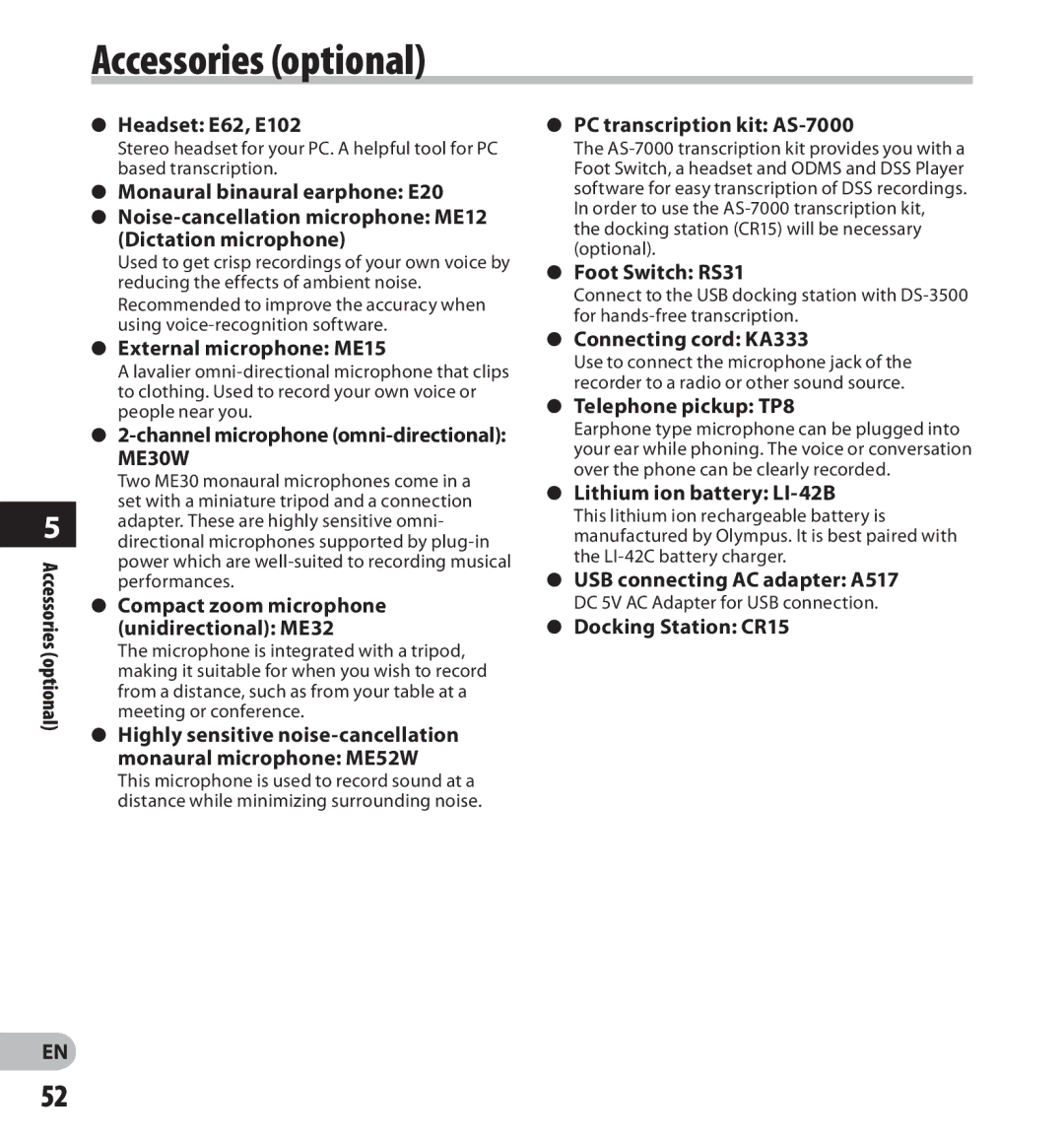 Olympus digital voice recorder manual Accessories optional 