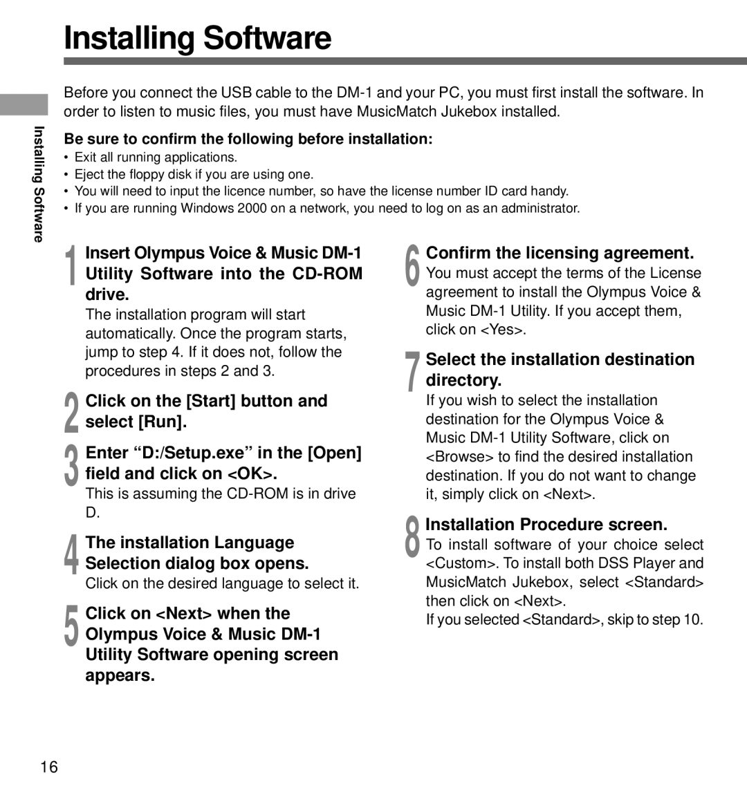 Olympus DM-1 manual Installing Software, Installation Language Selection dialog box opens, Installation Procedure screen 