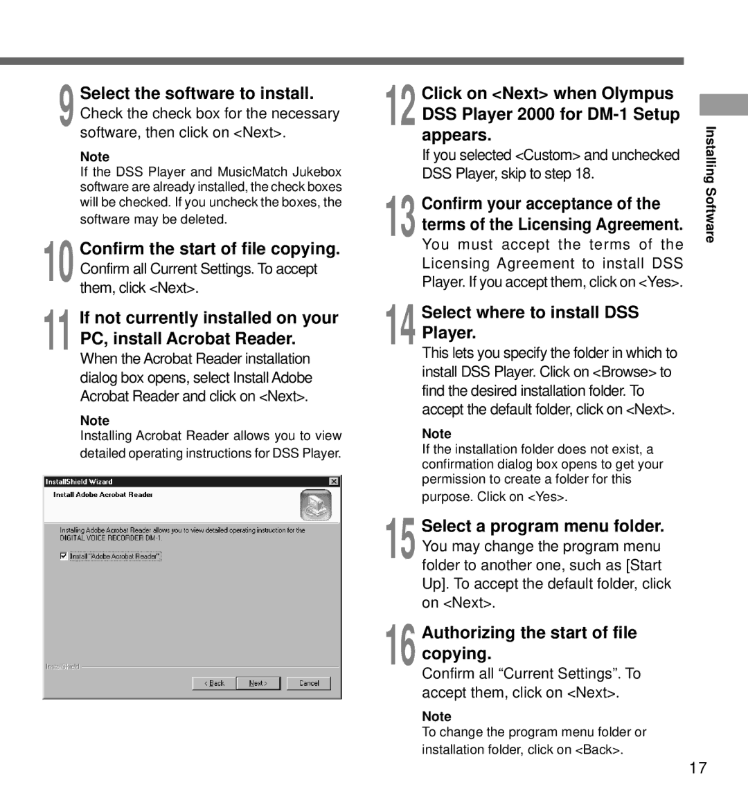 Olympus DM-1 manual Software, then click on Next, Installing Software 