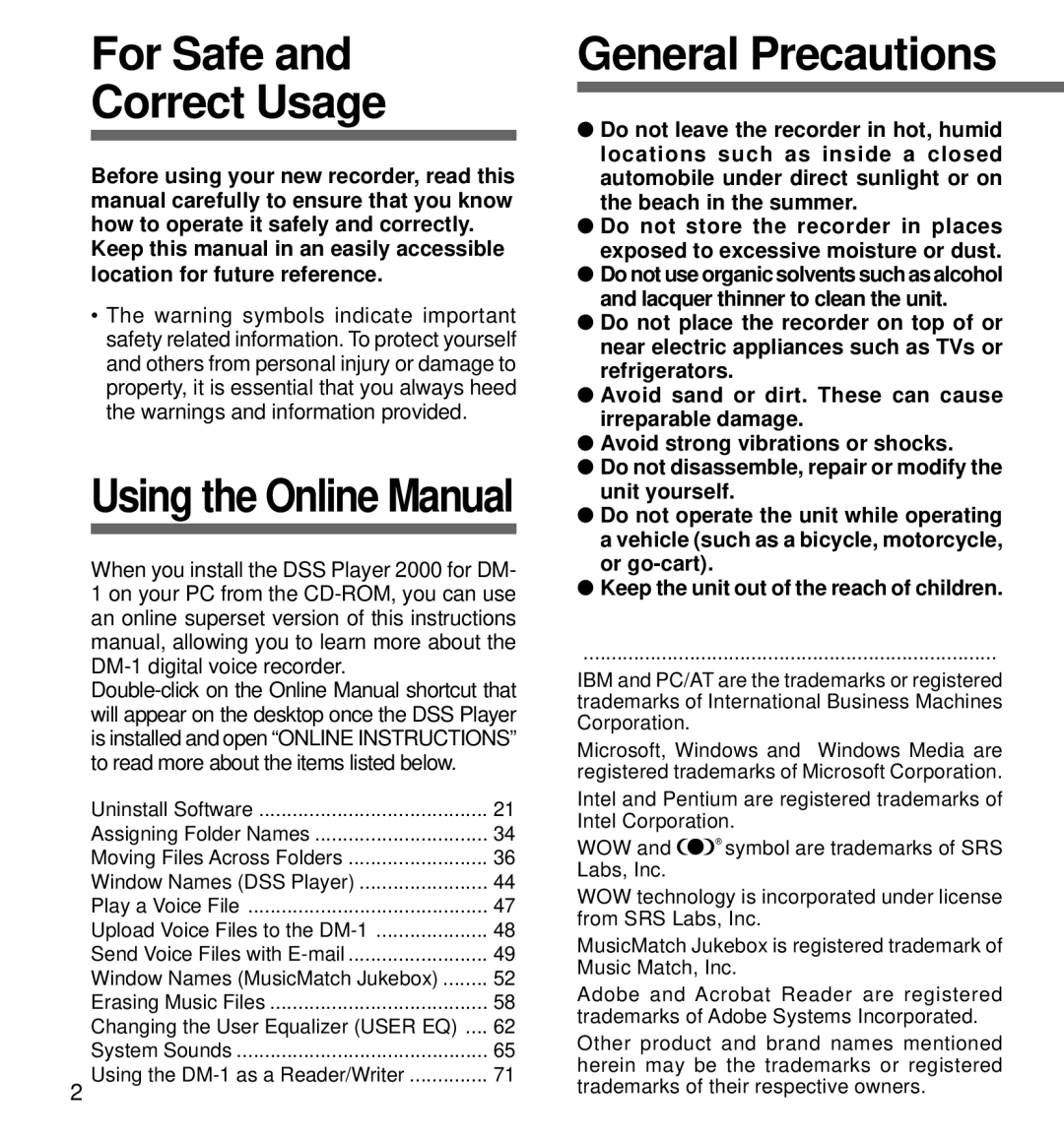 Olympus DM-1 manual For Safe Correct Usage, General Precautions 