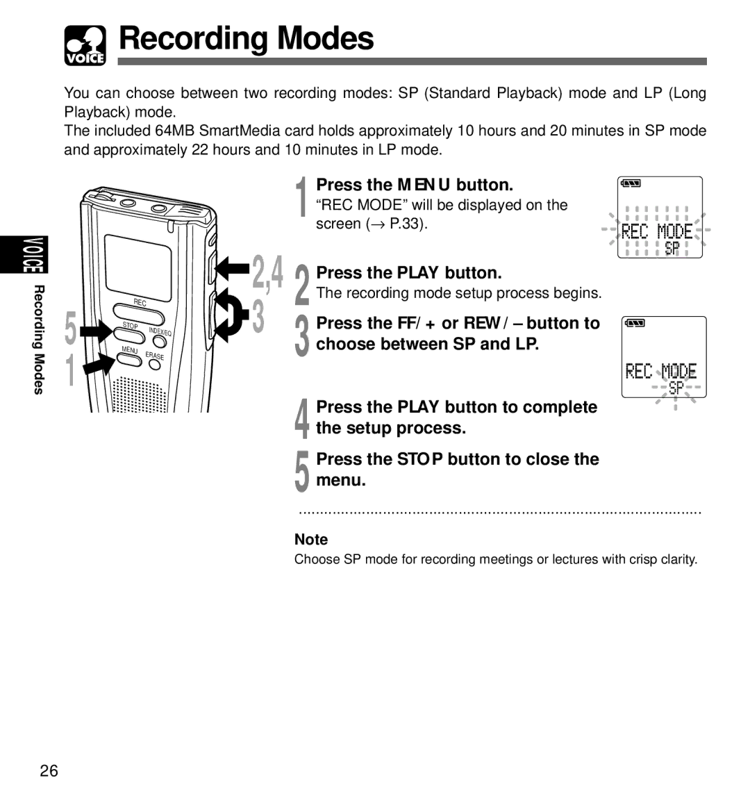 Olympus DM-1 manual Recording Modes, Choose between SP and LP, Recording mode setup process begins 