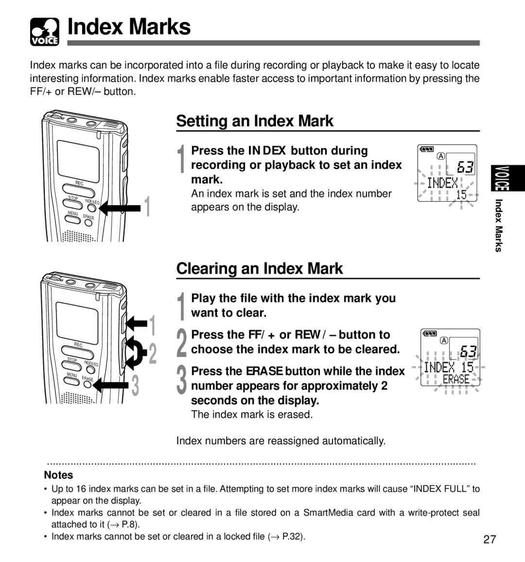 Olympus DM-1 manual Index Marks, Setting an Index Mark, Clearing an Index Mark, Seconds on the display 